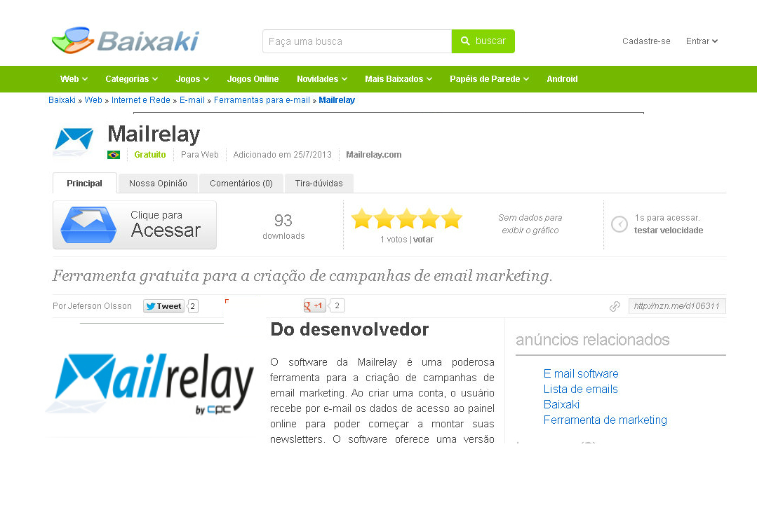 Software gratuito de email Marketing da Mailrelay no Baixaki