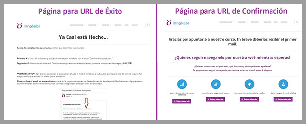 Páginas de éxito y url de confirmación Páginas de éxito y url de confirmación