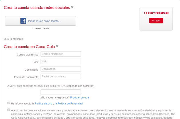 Registro de suscriptores de Coca Cola
