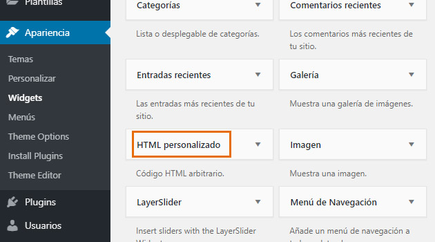 Widgets, buscaremos aquel que se llama “HTML personalizado”