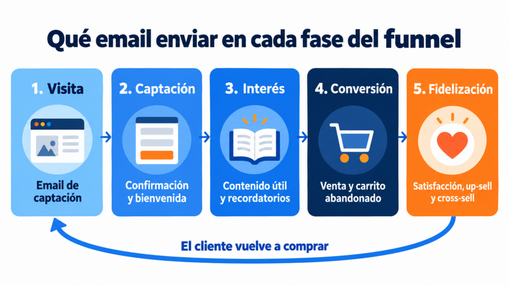 Qué email enviar en cada fase del funnel: captación en la visita, confirmación y bienvenida en la captación, contenido útil en el interés, venta y carrito abandonado en la conversión, y satisfacción, up-sell y cross-sell en la fidelización