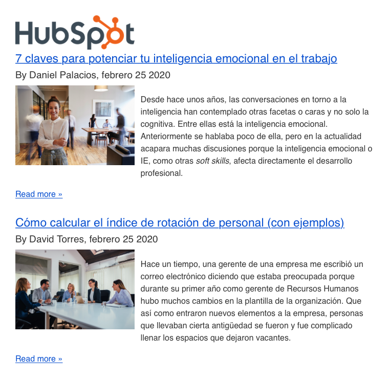 Ejemplo de newsletter diaria con contenido de blog - Hubspot