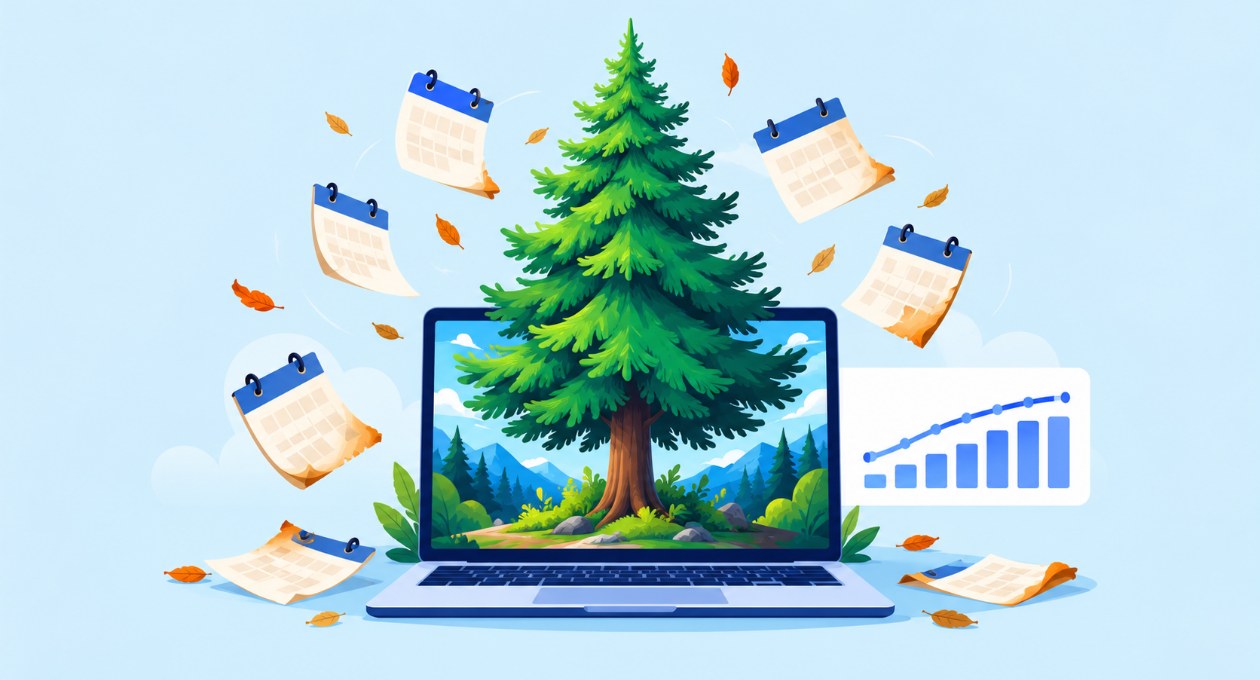 Ilustración de un pino siempre verde que crece desde la pantalla de un portátil mientras caen hojas de calendario, junto a un gráfico de visitas estable
