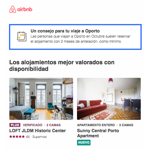 Ejemplo de email comercial de Airbnb
