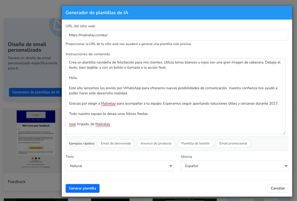 solicitud de diseño de boletín a la IA de Mailrelay