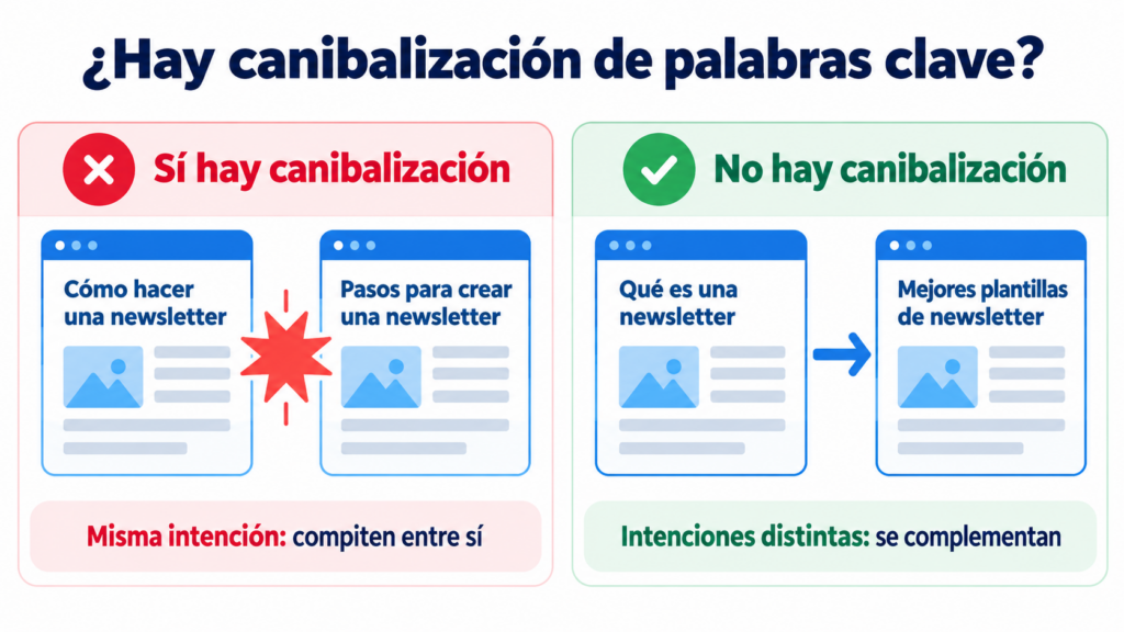 Ejemplos de canibalización de palabras clave: dos páginas con la misma intención que compiten entre sí frente a dos páginas con intenciones distintas que se complementan
