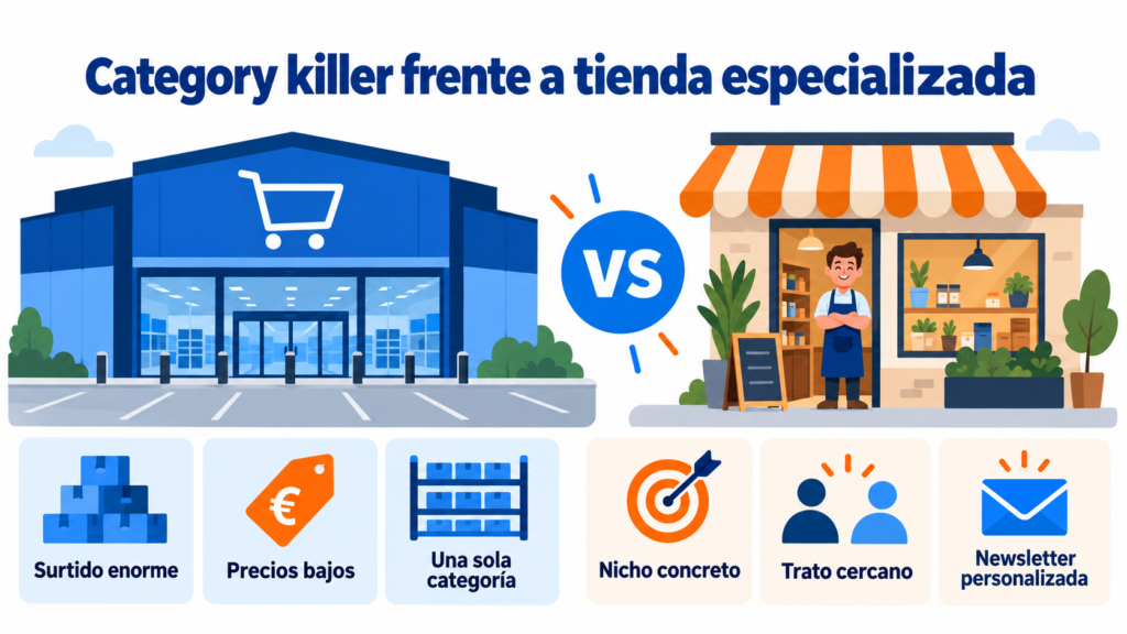 Category killer frente a tienda especializada: una gran superficie con surtido enorme, precios bajos y una sola categoría, frente a una tienda pequeña con nicho concreto, trato cercano y newsletter personalizada