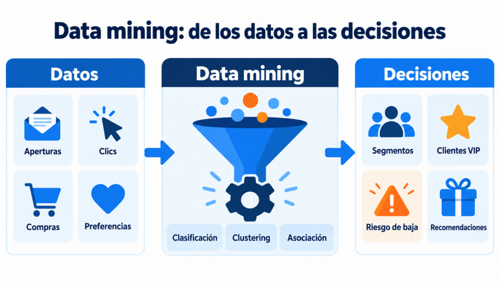 Infografía del data mining aplicado al email marketing: datos de aperturas, clics, compras y preferencias que, mediante clasificación, clustering y asociación, se convierten en segmentos, clientes VIP, riesgo de baja y recomendaciones