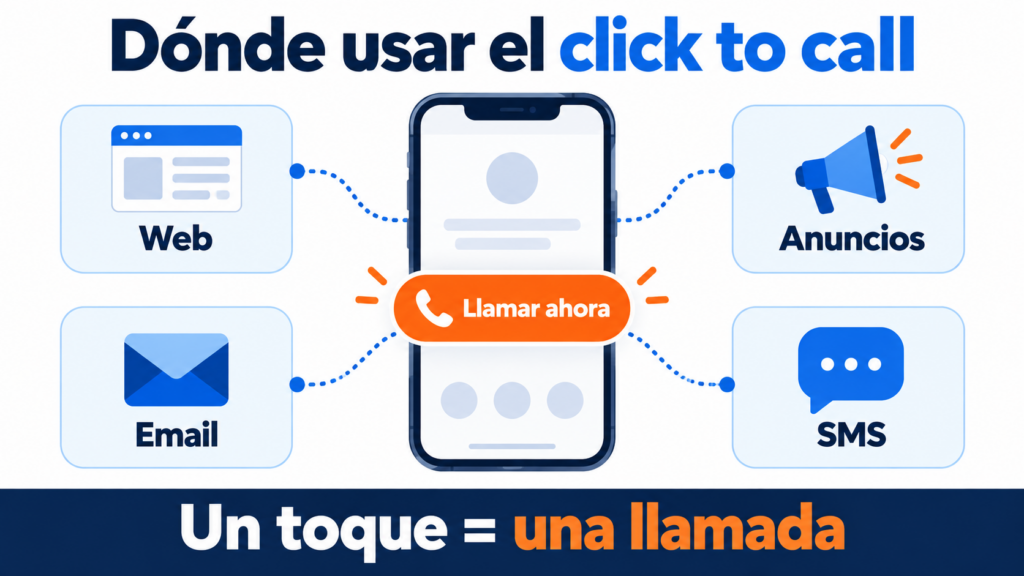 Where to use click to call: a smartphone with a Call now button connected to the website, ads, email and SMS