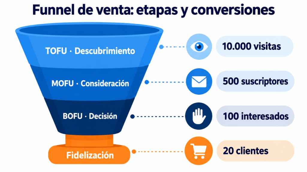 Infografía del funnel de venta con las etapas TOFU, MOFU, BOFU y fidelización y un ejemplo de conversiones