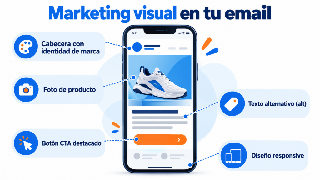 Infográfico de marketing visual em um email: cabeçalho com identidade de marca, foto de produto, texto alternativo, botão CTA em destaque e design responsivo