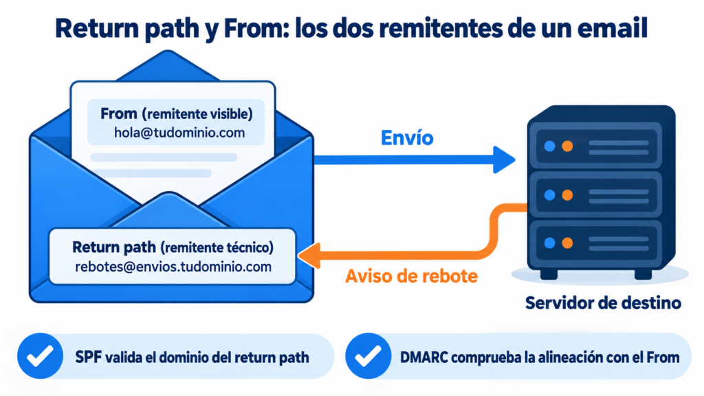 Esquema del return path y el From de un email: el remitente visible dentro del sobre, el remitente técnico que recibe los avisos de rebote y la validación SPF y DMARC