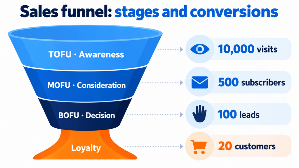 Sales funnel infographic with the TOFU, MOFU, BOFU and loyalty stages and an example of conversions from 10,000 visits to 20 customers