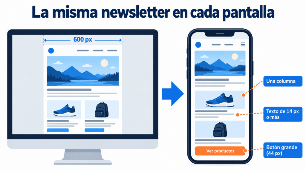 Email responsive: la misma newsletter en un ordenador con dos columnas de 600 px y en un móvil con una columna, texto de 14 px o más y botón grande