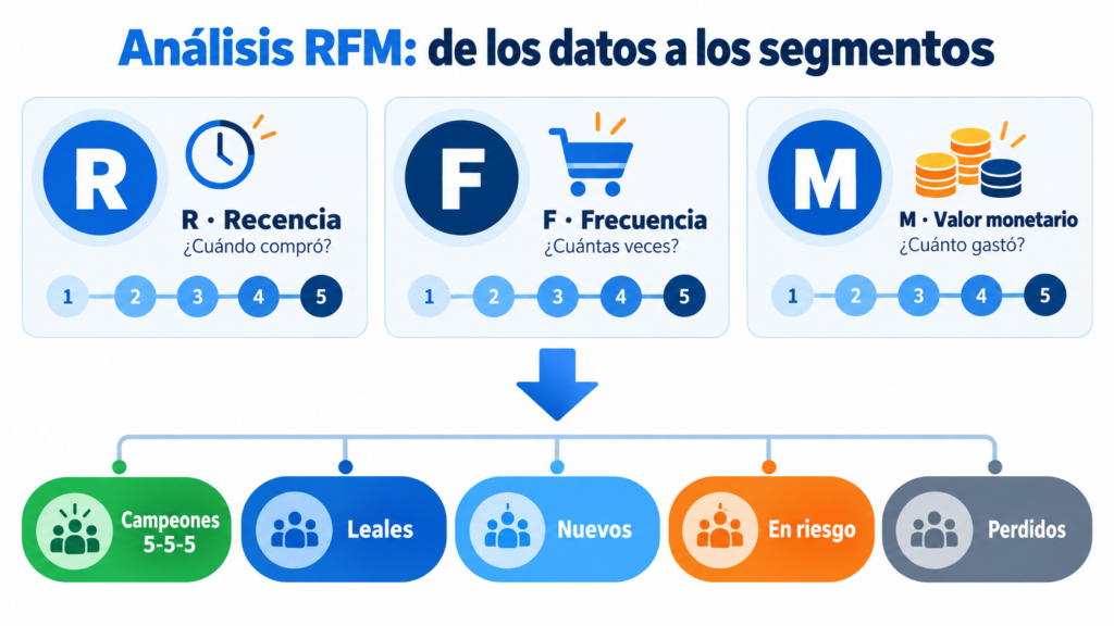 RFM analysis infographic: recency, frequency and monetary value scored from 1 to 5, and five customer segments: champions, loyal, new, at risk and lost
