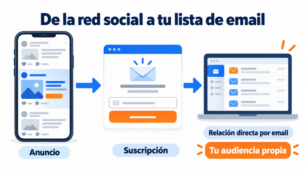 How to move from Facebook or another social network to your email list: an ad on a phone leads to a subscription form and from there to a direct email relationship with your own audience