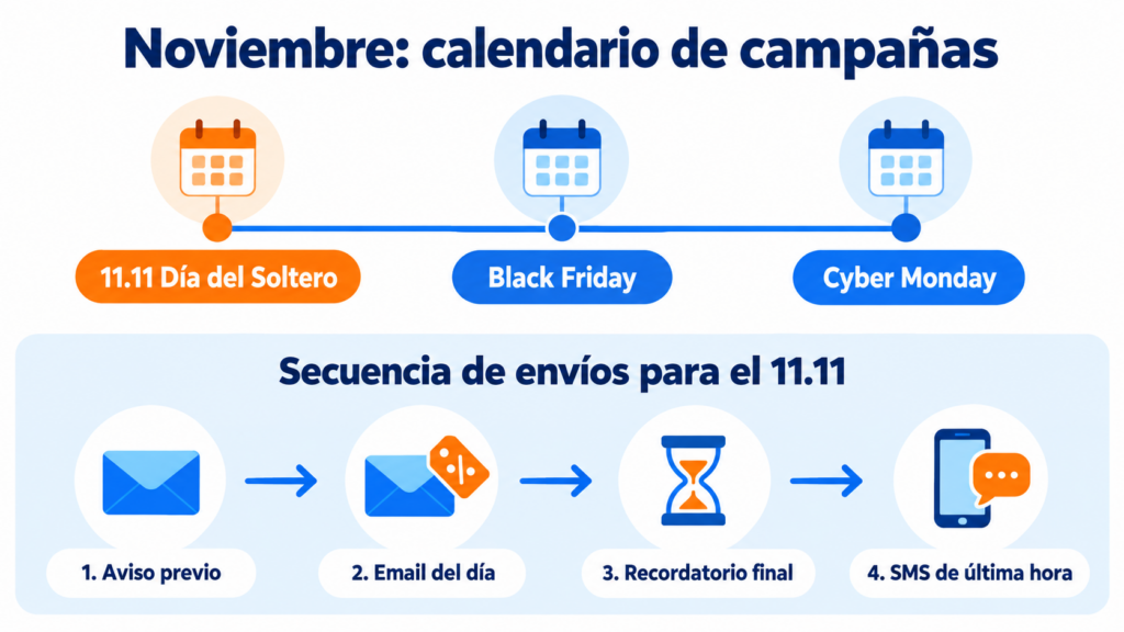 Calendário de campanhas de novembro com o Dia dos Solteiros (11.11), Black Friday e Cyber Monday, e sequência de envios: aviso prévio, email do dia, lembrete final e SMS de última hora