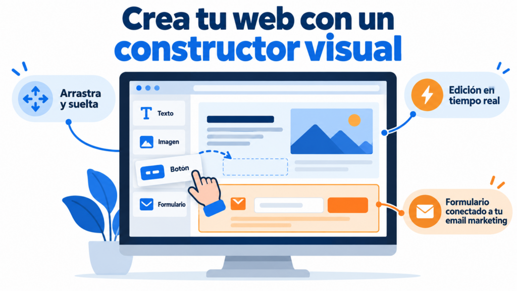 Ilustração de um construtor visual como o Divi para WordPress: blocos de texto, imagem, botão e formulário que são arrastados para criar uma landing page com um formulário conectado ao email marketing