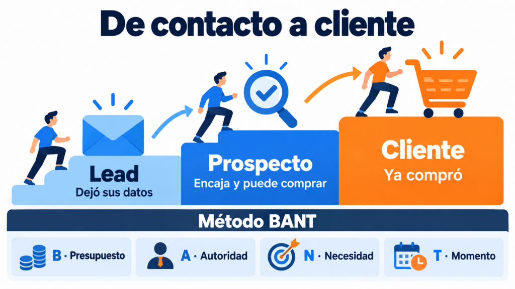 De contato a cliente: o lead deixa seus dados, o prospect se encaixa e pode comprar, e o cliente já comprou; abaixo, os quatro critérios do método BANT