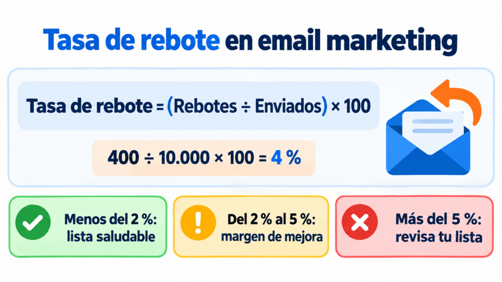 Como se calcula a taxa de rejeição no email marketing: rebotes divididos por enviados vezes 100, com o exemplo de 400 rebotes em 10.000 envios (4%) e os valores de referência abaixo de 2%, entre 2% e 5% e acima de 5%