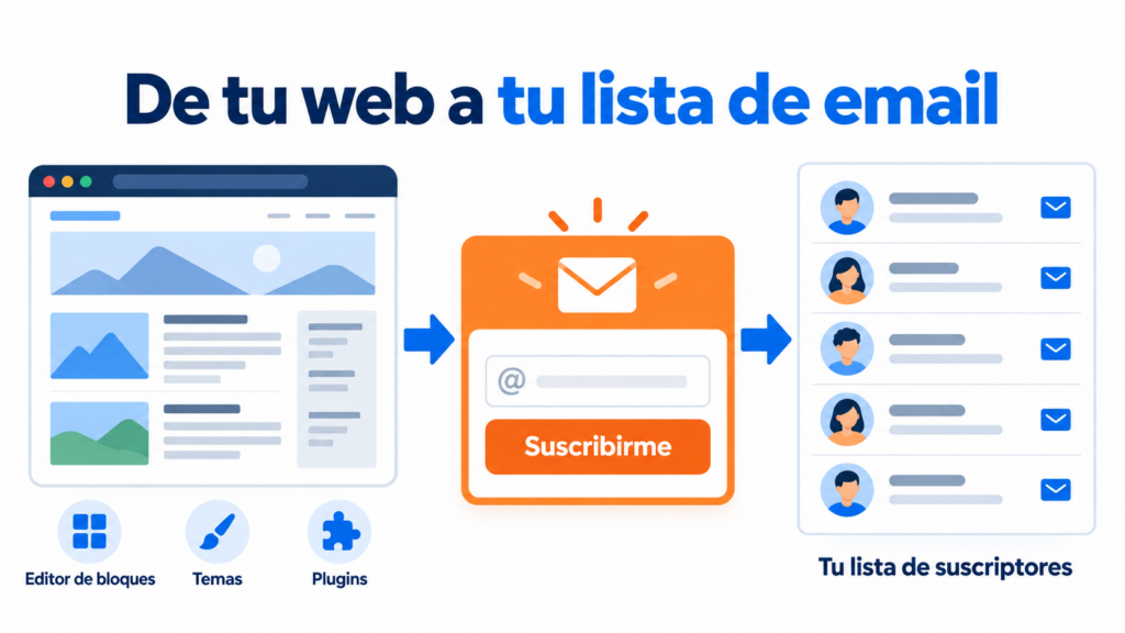 De tu web a tu lista de email: una web en WordPress con editor de bloques, temas y plugins, un formulario de suscripción y una lista de suscriptores