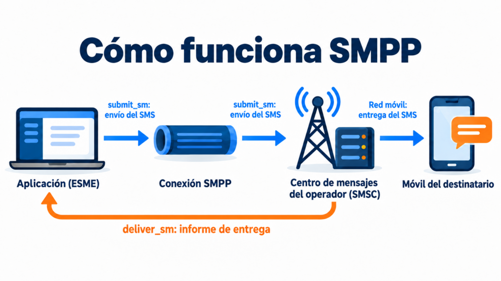 Esquema de cómo funciona SMPP: la aplicación (ESME) envía el SMS con submit_sm al centro de mensajes del operador (SMSC), que lo entrega al móvil y devuelve el informe de entrega con deliver_sm