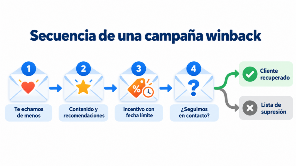 Sequência de uma campanha winback em quatro emails: sentimos sua falta, conteúdo e recomendações, incentivo com prazo limite e vamos continuar em contato?, com duas saídas: cliente recuperado ou lista de supressão