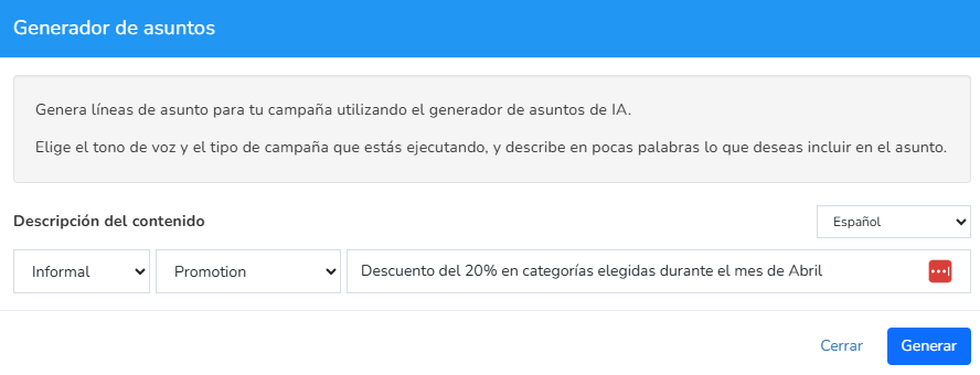 datos iniciales para generar asunto con IA