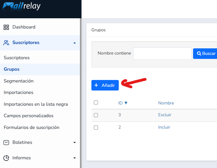 añadir nuevo grupo en Mailrelay
