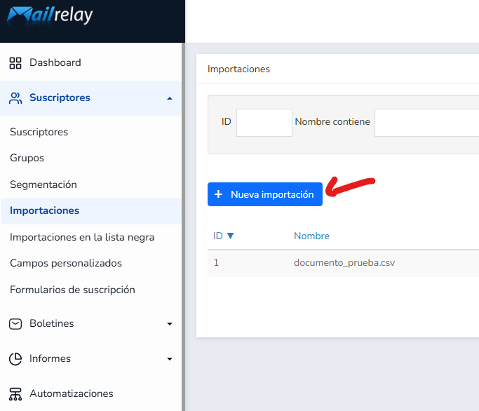 nueva importación de contactos a Mailrelay