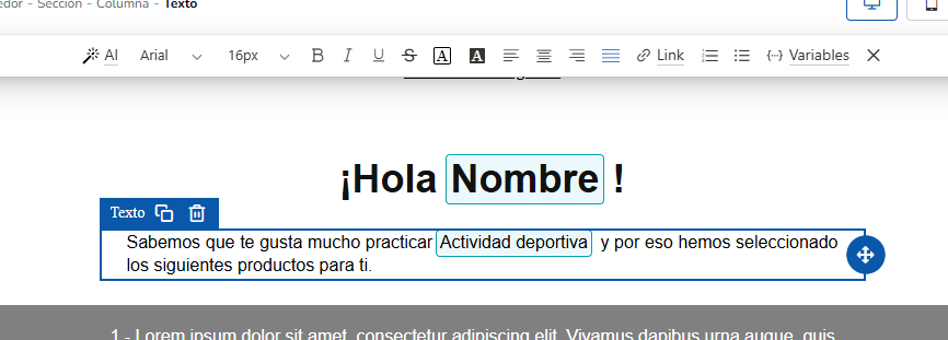 insertar una variable personalizada en el email