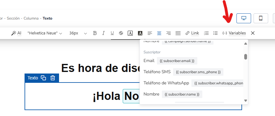 insertar una variable personalizada en el email