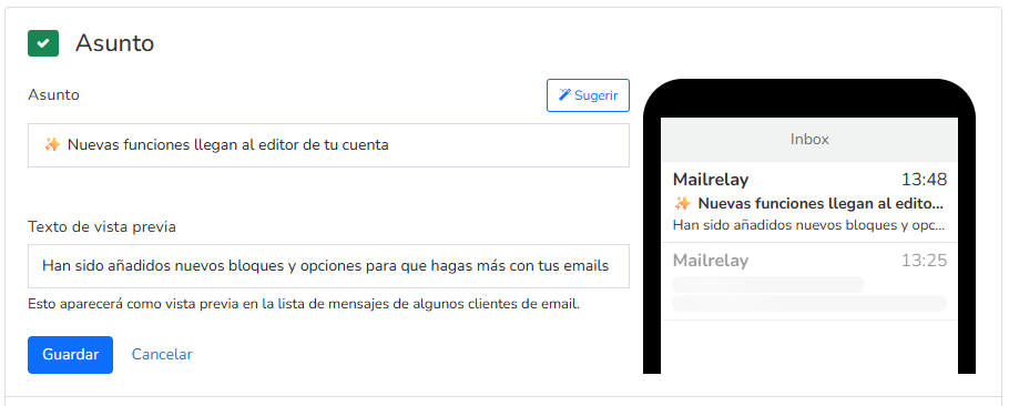 asunto y vista previa
