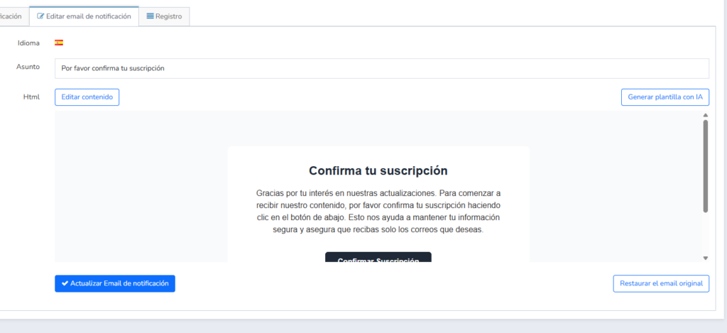 edición de email de confirmación