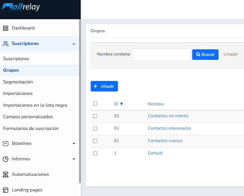 ejemplo de grupos básicos en Mailrelay