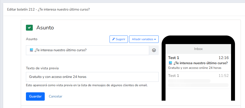 asunto, precabecera y remitente