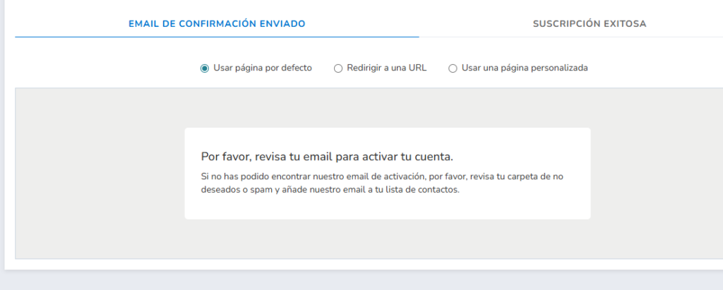 página de envío de email de confirmación
