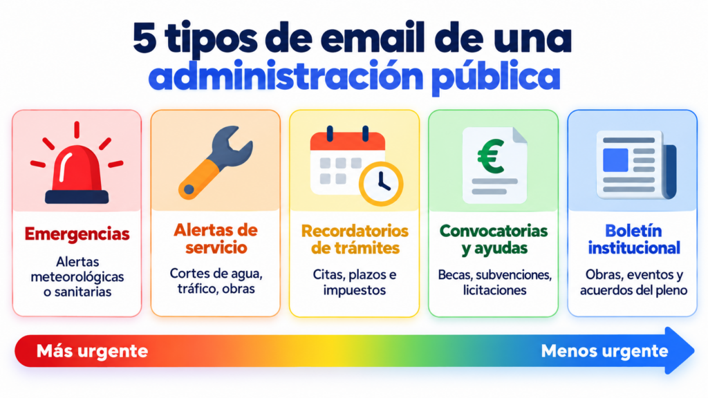 5 tipos de email de una administración pública ordenados por urgencia: emergencias, alertas de servicio, recordatorios, convocatorias y boletín
