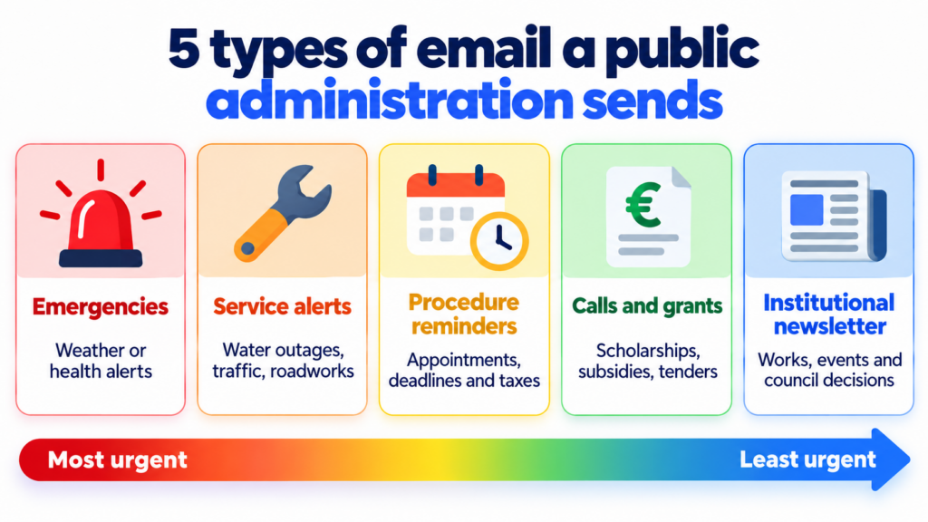 5 types of email a public administration sends, ranked by urgency: emergencies, service alerts, reminders, calls and grants, and newsletter