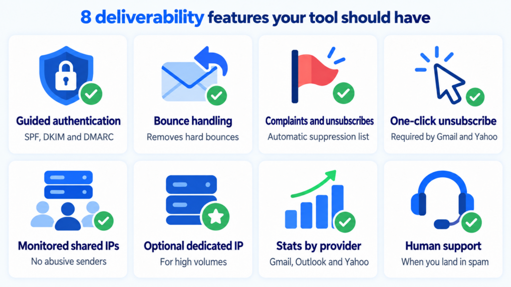 8 deliverability features an email marketing tool should have: authentication, bounces, complaints, one-click unsubscribe, shared IPs, dedicated IP, stats and support