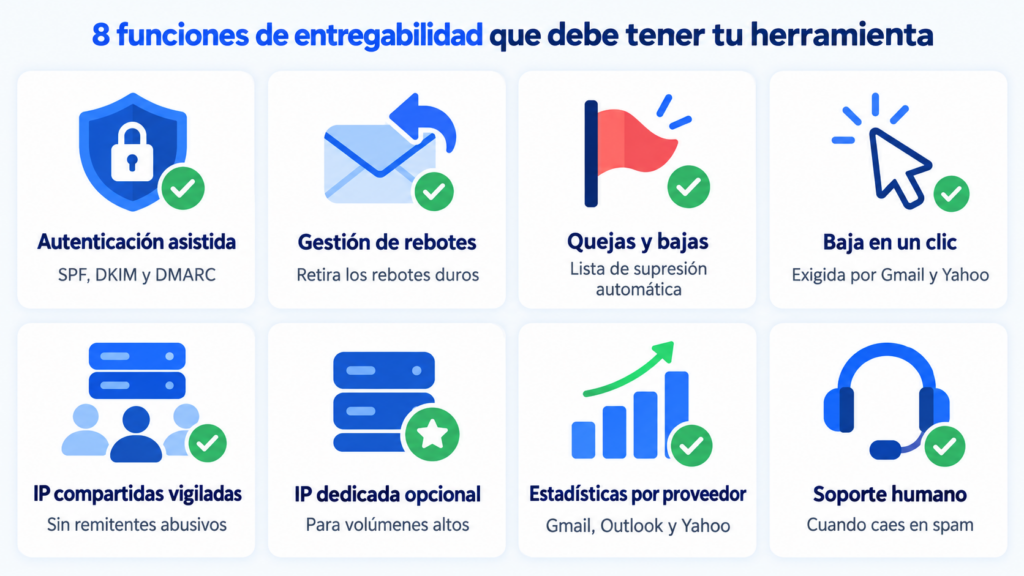 8 funciones de entregabilidad que debe tener una herramienta de email marketing: autenticación, rebotes, quejas, baja en un clic, IP compartidas, IP dedicada, estadísticas y soporte
