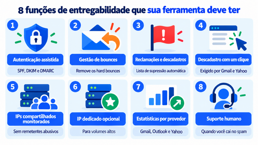 8 funções de entregabilidade que uma ferramenta de email marketing deve ter: autenticação, bounces, reclamações, descadastro com um clique, IPs compartilhados, IP dedicado, estatísticas e suporte