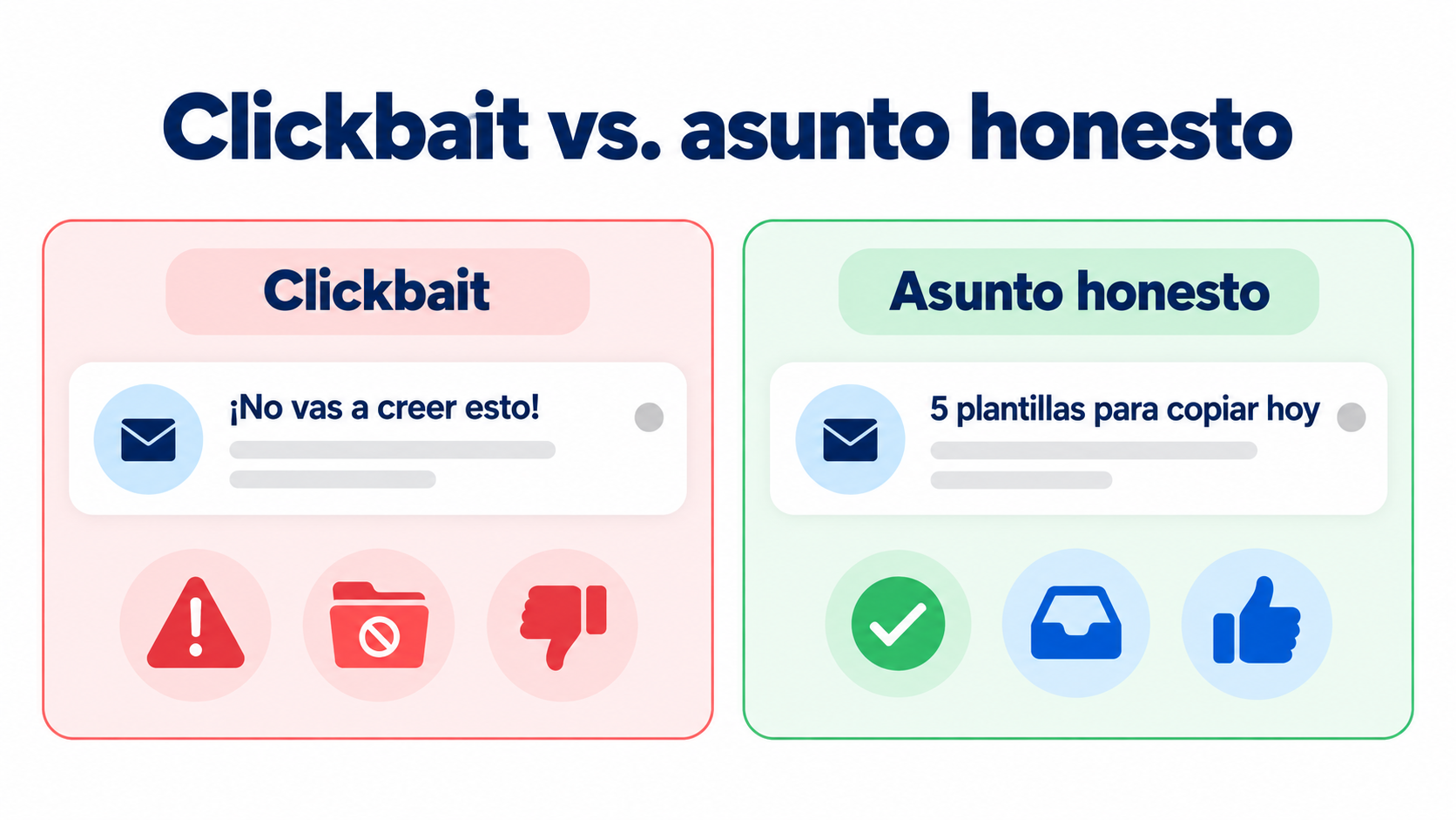 Infográfico que compara um assunto de email clickbait com um assunto honesto e seus efeitos na caixa de entrada