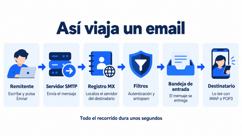 Así viaja un email: del remitente al servidor SMTP, registro MX, filtros y bandeja de entrada del destinatario