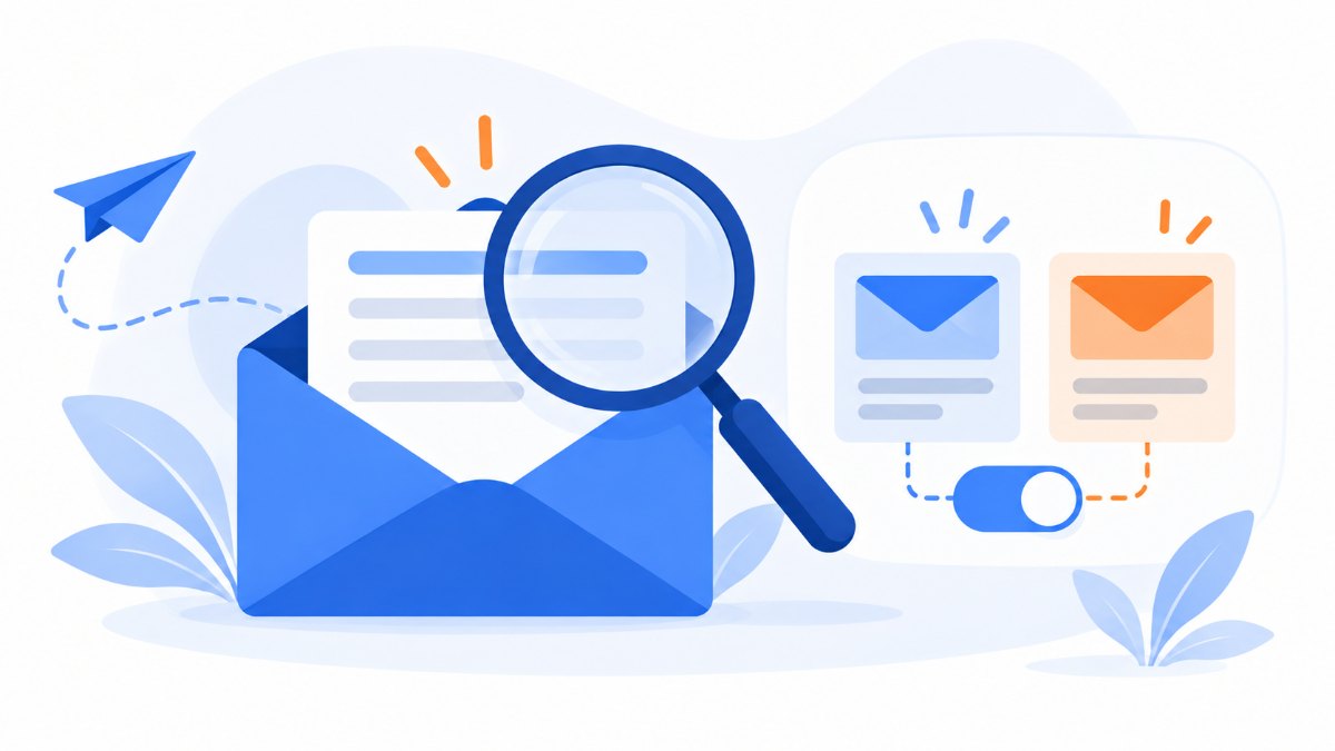 Email abierto examinado con una lupa junto a dos variantes de mensaje para una prueba A/B