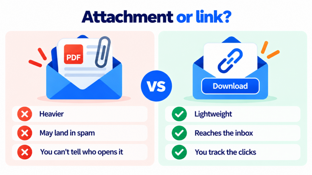 Attachment vs link in email marketing: the link is lighter, lands better and lets you track clicks