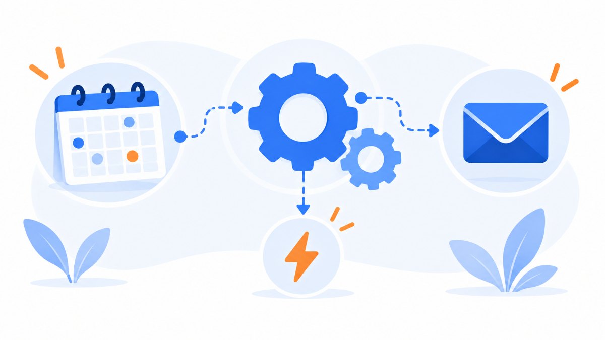 Diagrama de automatización con engranajes conectados a un calendario, un email y un rayo