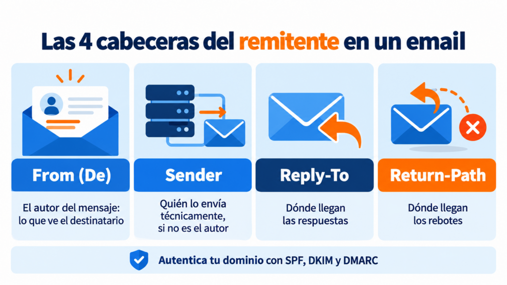 Las 4 cabeceras del remitente en un email: From, Sender, Reply-To y Return-Path