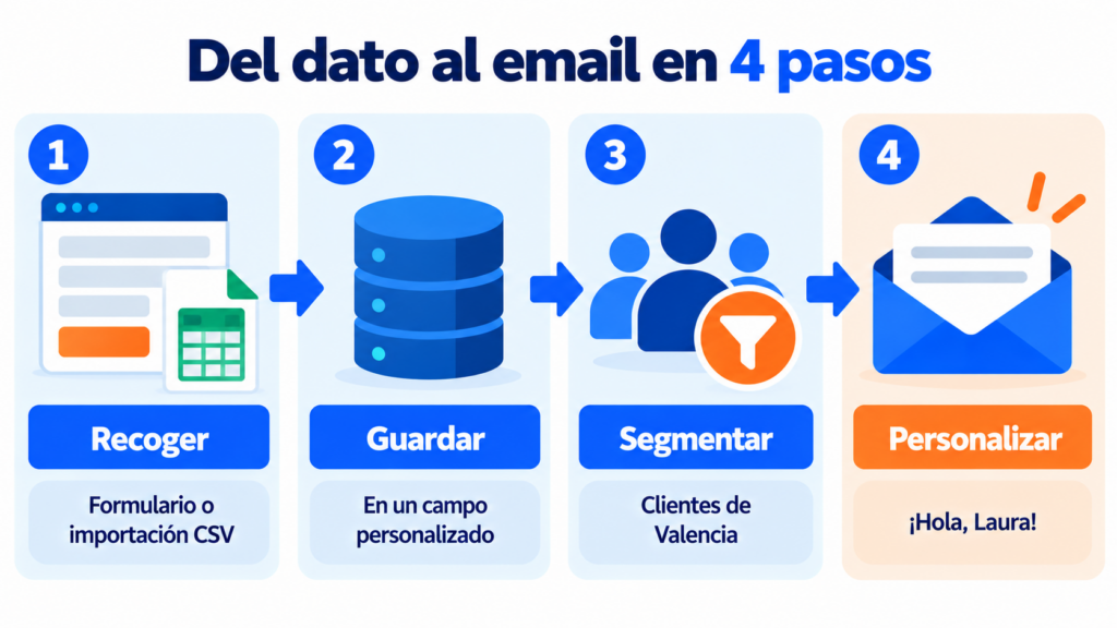 Del dato al email en 4 pasos: recoger con un formulario o una importación CSV, guardar en un campo personalizado, segmentar y personalizar el email