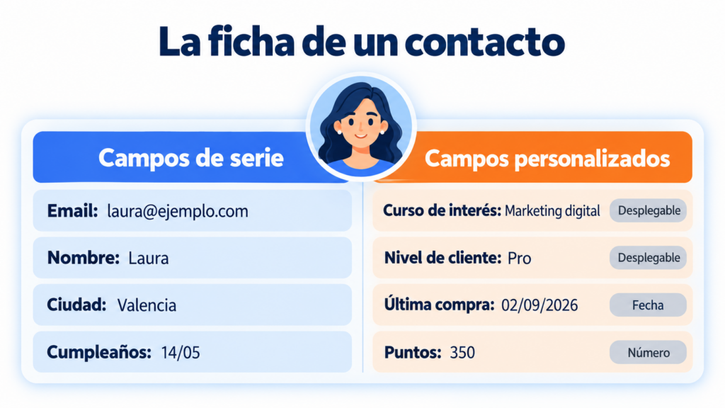 Ficha de un contacto con campos de serie (email, nombre, ciudad y cumpleaños) y campos personalizados (curso de interés, nivel de cliente, última compra y puntos) con su tipo de campo